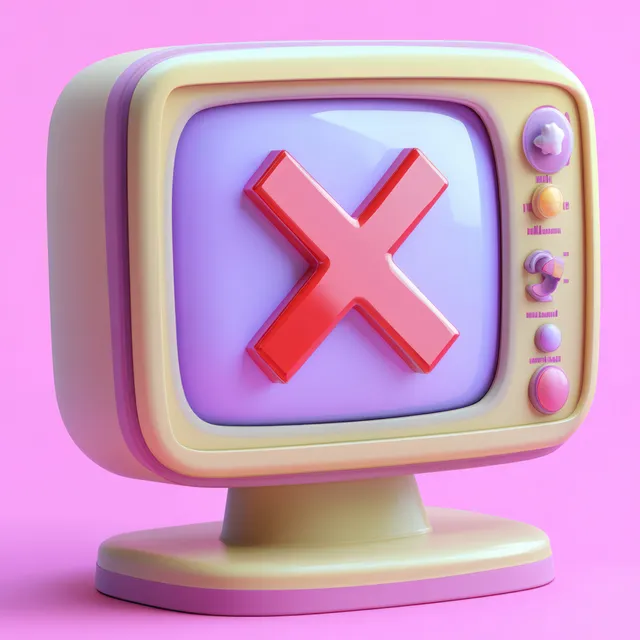 A playful retro beige TV displays a red cross error symbol on a purple screen against a soft pink background.
