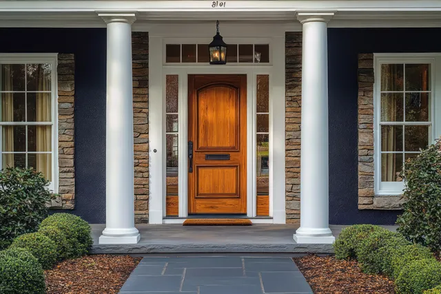 Wooden front door centered on a covered porch with two white columns, stone accents, and trimmed shrubs.