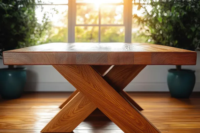 Solid wooden table with crossed legs in a sunlit room, with potted plants and a bright window behind it.
