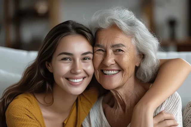 Smiling senior mother and adult daughter embracing on a couch at home