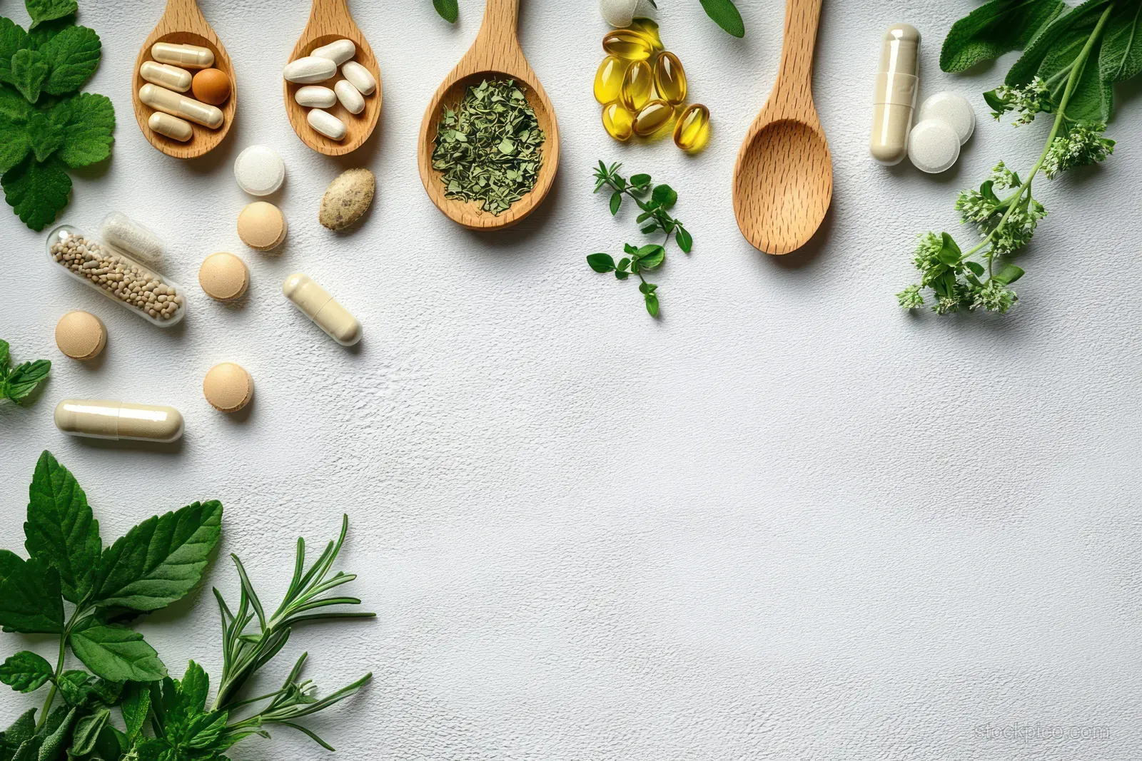 Plant-based herbal supplements with capsules, leaves, and a wooden spoon arranged on a light background for wellness and holistic care.