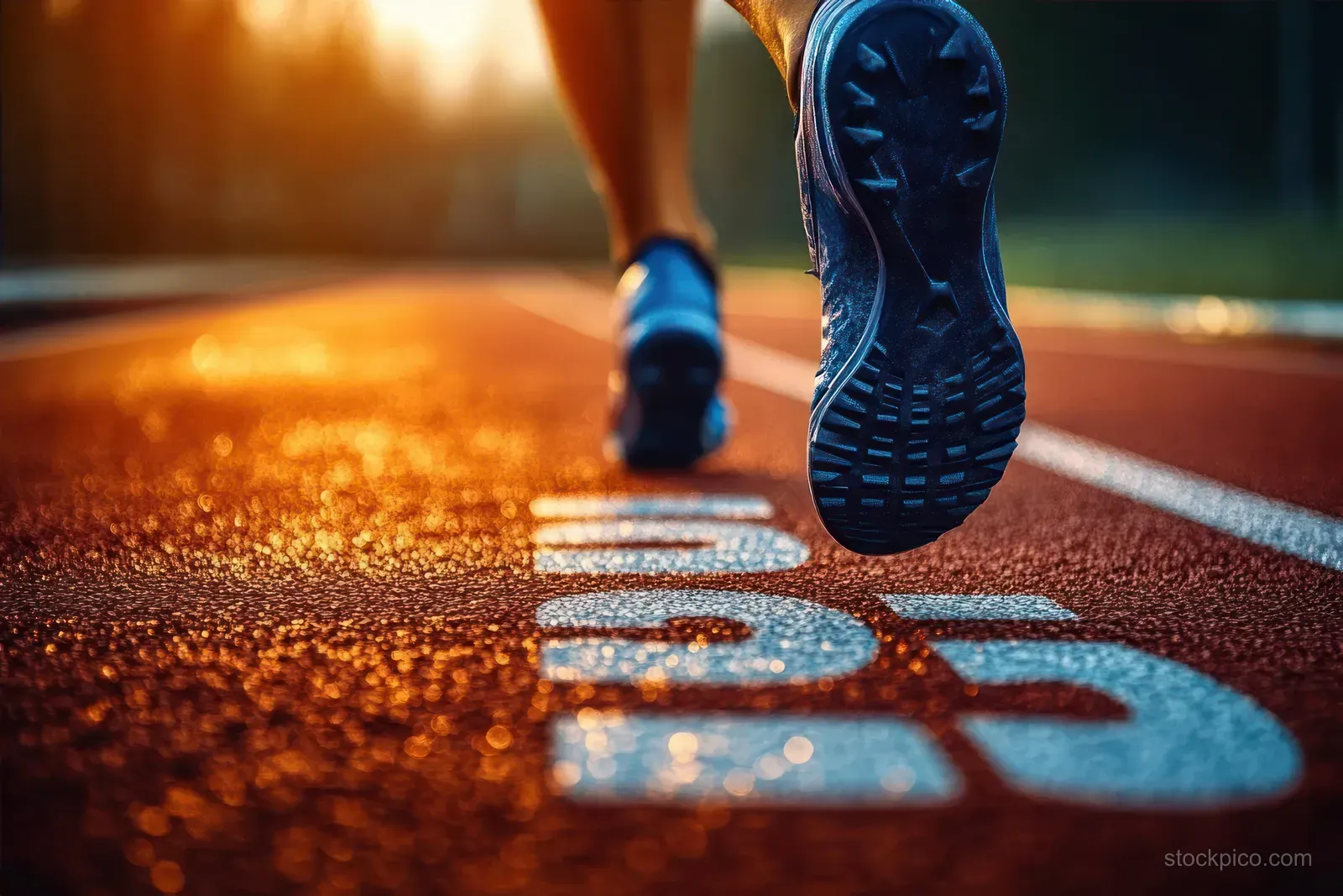 Runner’s shoe hits the outdoor track start line as sunlight highlights the textured surface and lane markings.