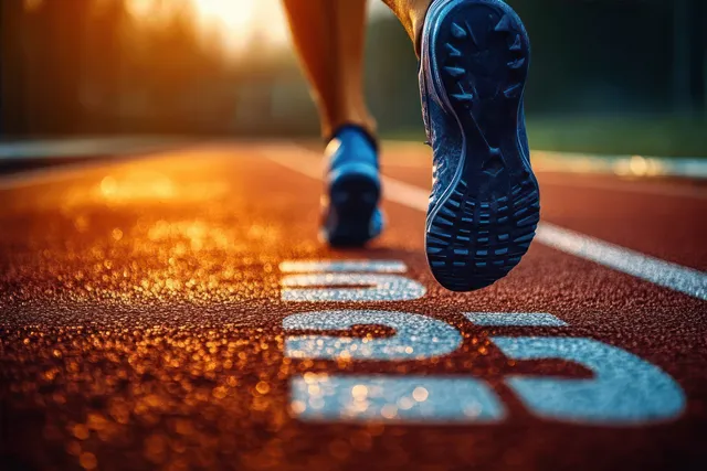 Runner’s shoe hits the outdoor track start line as sunlight highlights the textured surface and lane markings.
