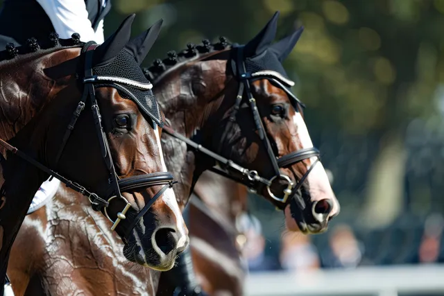 Dressage riders guide synchronized horses in an outdoor arena, captured mid-performance