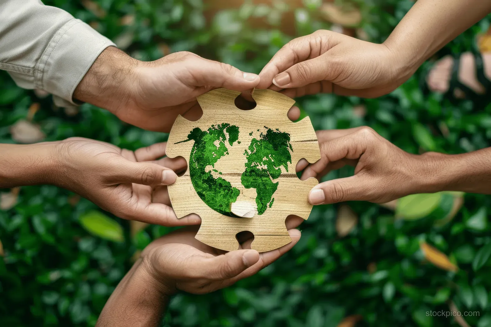 Multiple hands assemble a wooden jigsaw globe while surrounded by green leaves outdoors.