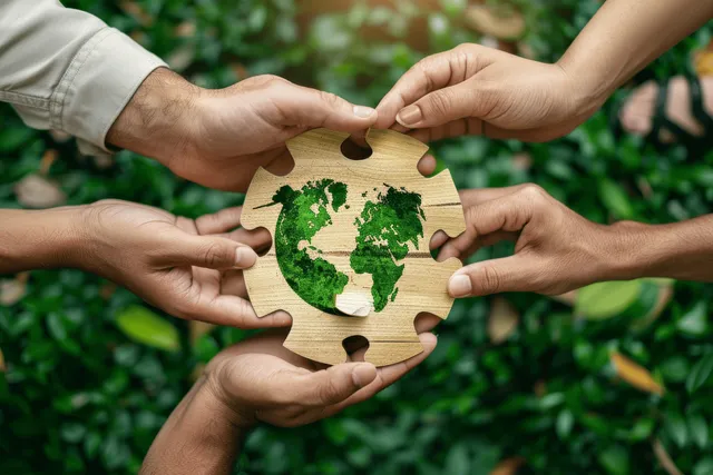 Hands assembling a wooden globe puzzle in a leafy outdoor environment