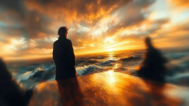 A silhouetted figure stands on a coastal platform, gazing at turbulent waves and a vibrant sunset reflecting on a wet surface.