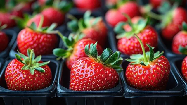 Ripe red strawberries with green leaves sit in black plastic trays, showing textured berry surfaces.
