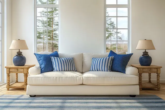 Cream sofa with blue striped pillows centered between two wooden side tables and lamps in front of large windows.