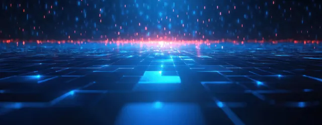 Glowing digital tile grid receding into a neon horizon, with ambient blue circuit light