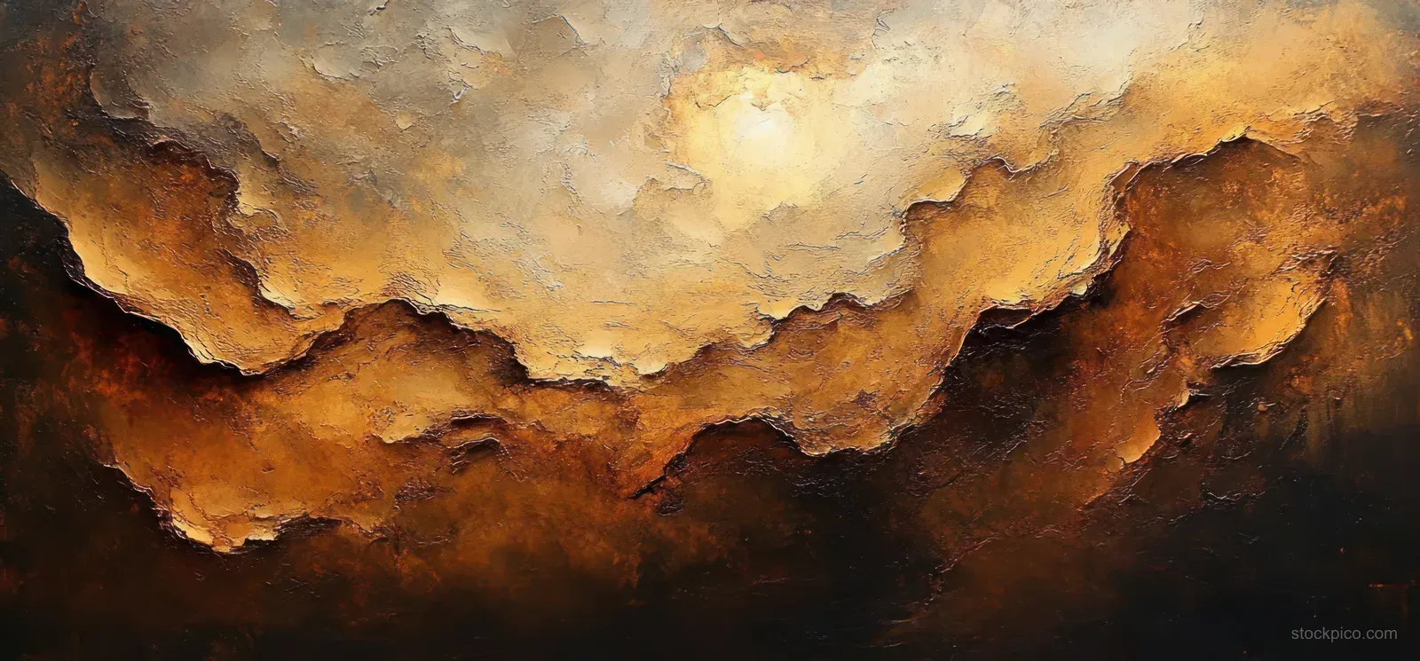 Layered abstract cliff-like shapes in brown and gold textures beneath a glowing, clouded sky.