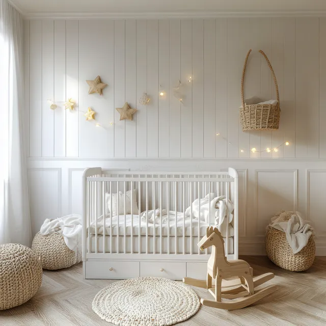 White baby crib in a bright minimalist nursery with warm lights and a natural wood rocking horse.