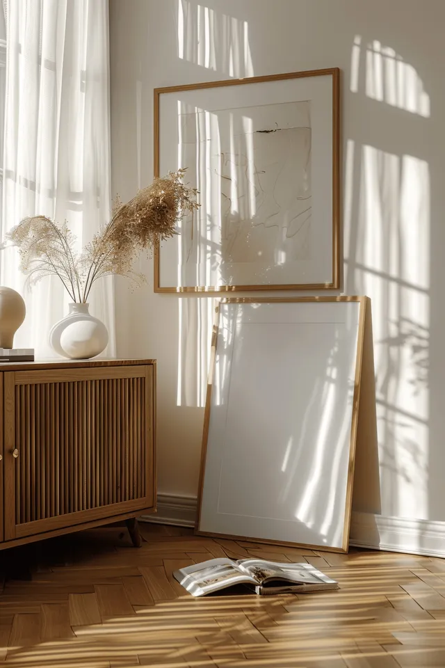 Sunlit living room with wooden sideboard, sheer curtains, and an empty gold-framed wall poster.