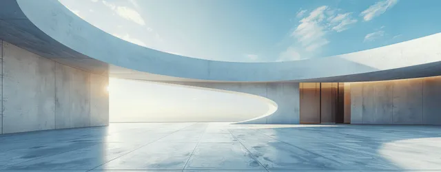 Empty minimalist concrete interior with a sweeping curved wall and open doorway lit by bright daylight.