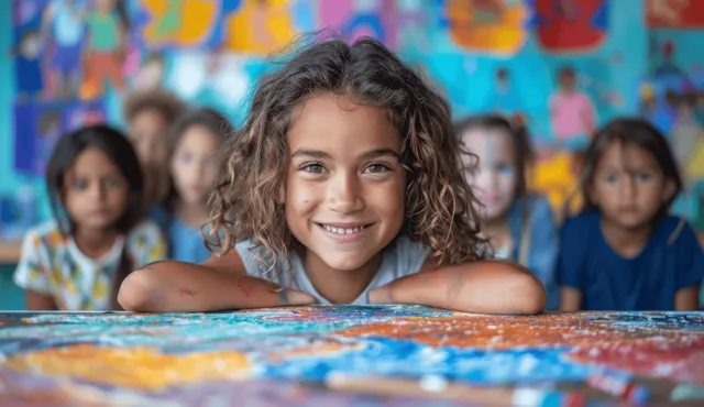 Smiling student peers over a colorful classroom art table with crayons and paper