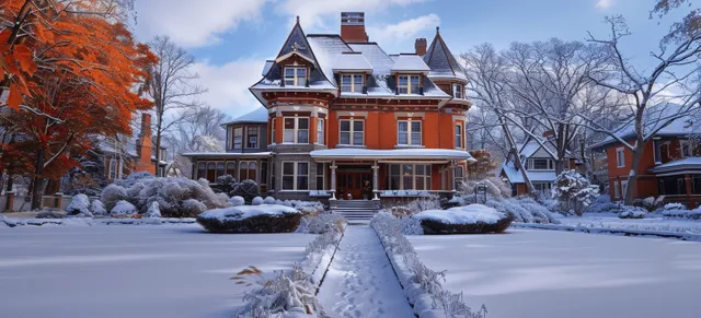 A Victorian red-brick mansion with white trim sits along a snow-covered path in a Montreal winter neighborhood.