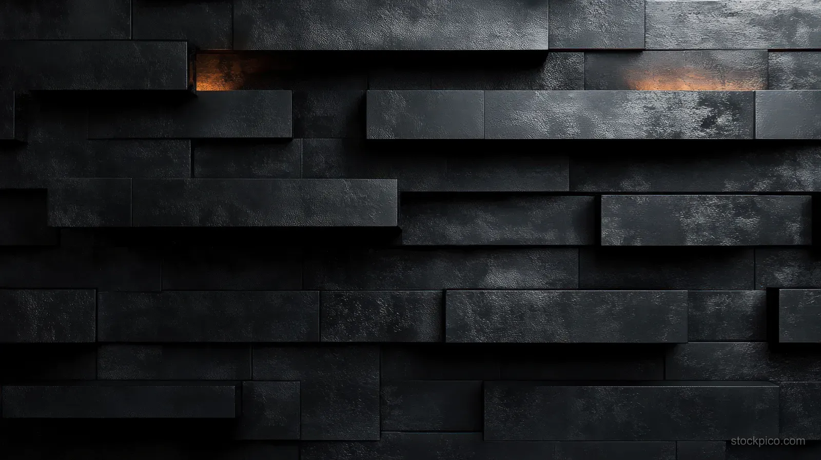 Dark brushed steel panel wall with sharp shadows and a small warm glow between blocks of metal.