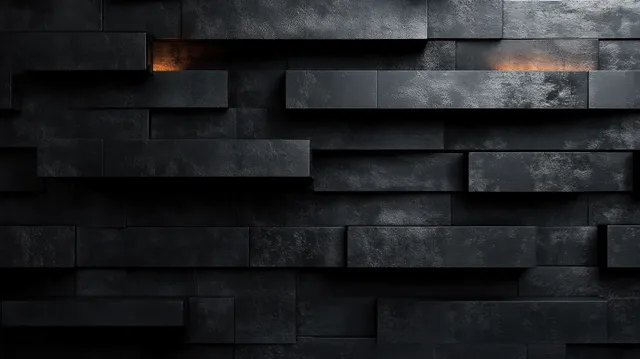 Dark brushed steel panel wall with sharp shadows and a small warm glow between blocks of metal.