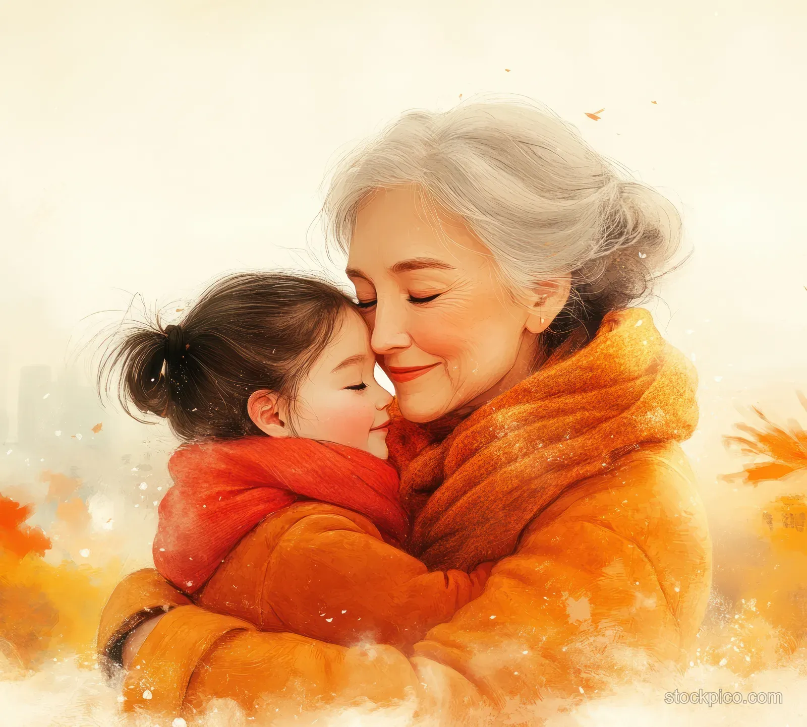An elderly woman and a child embrace warmly with orange sunset light and watercolor splashes around them.