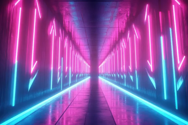Neon arrows glowing pink and blue converging into a cyberpunk tunnel