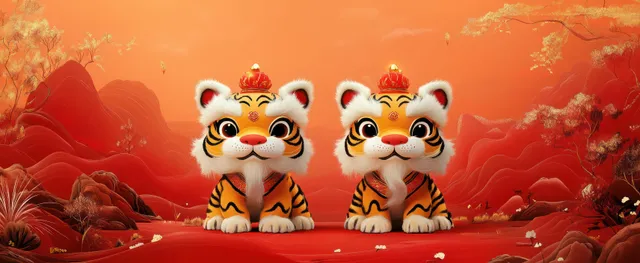 Two cute tiger mascots smile on a red Chinese New Year background with lion dance masks and rolling hills.