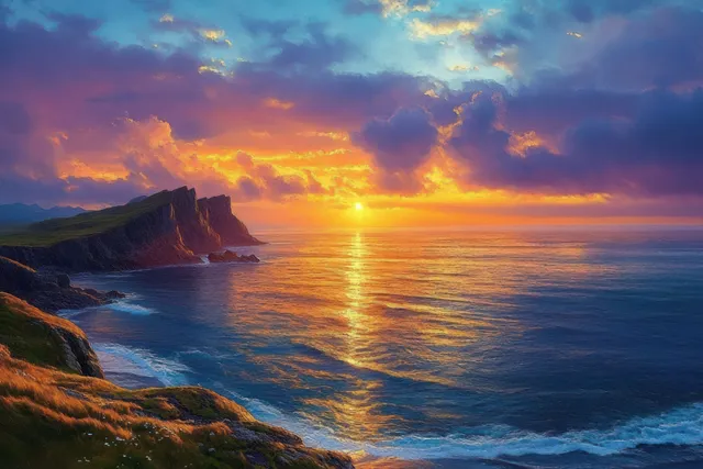 Sunset over rocky coastline with dramatic cliffs and glowing ocean wave reflections