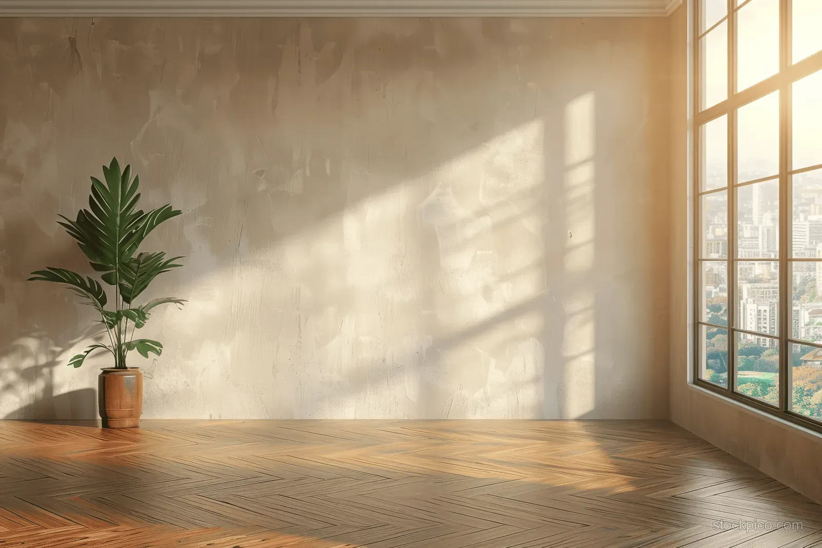 Sunlit room corner with textured beige wall, potted plant, and a large window over herringbone wooden flooring.