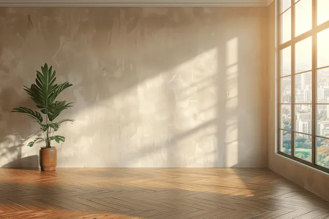 Sunlit room corner with textured beige wall, potted plant, and a large window over herringbone wooden flooring.