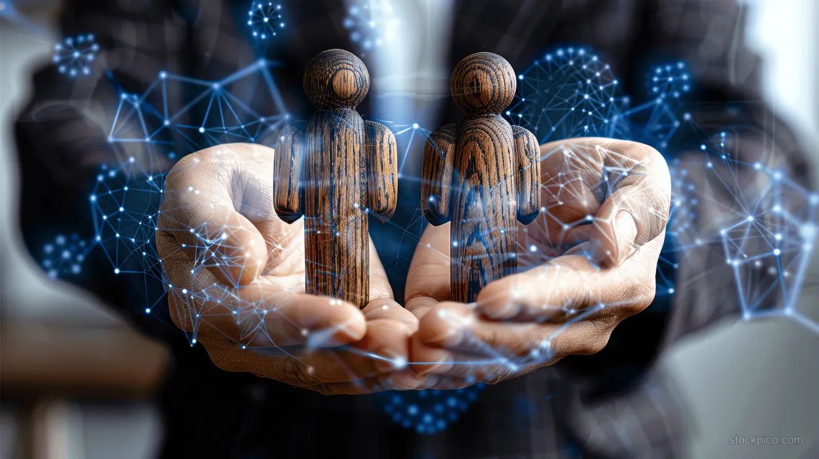 A corporate figure holds silhouetted workers in a glowing network of control lines.