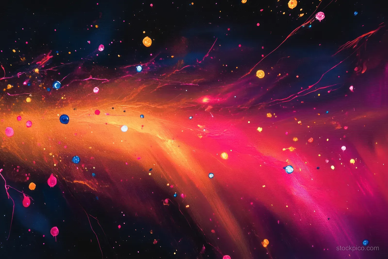 Abstract cosmic nebula with glowing pink and blue streaks and scattered multicolored star-like dots in dark space.
