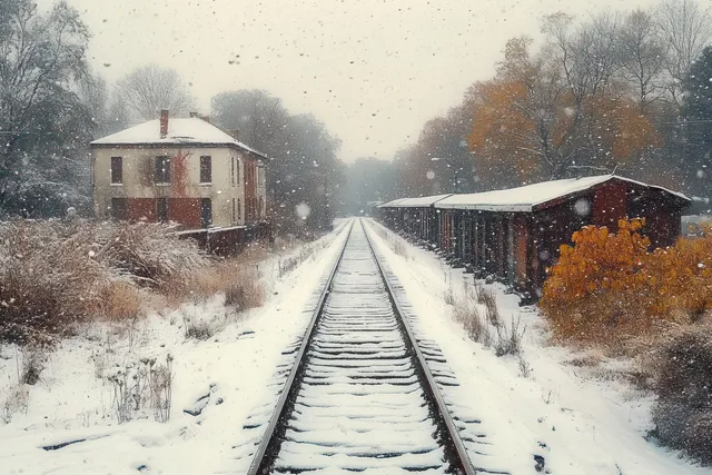 Snowy railway tracks leading past old buildings and bare trees under falling snow