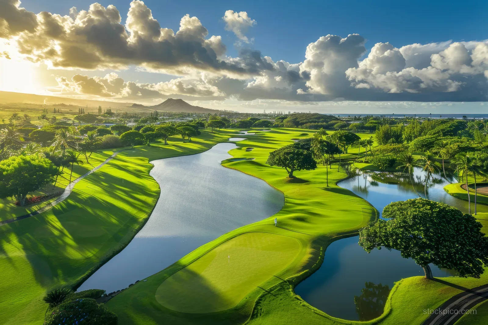Aerial drone view of a golf course fairway winding beside a lake under cloudy skies.