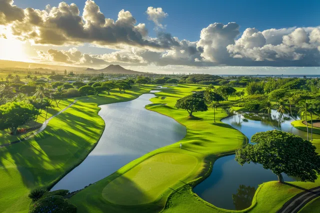 Aerial drone view of a golf course fairway winding beside a lake under cloudy skies.