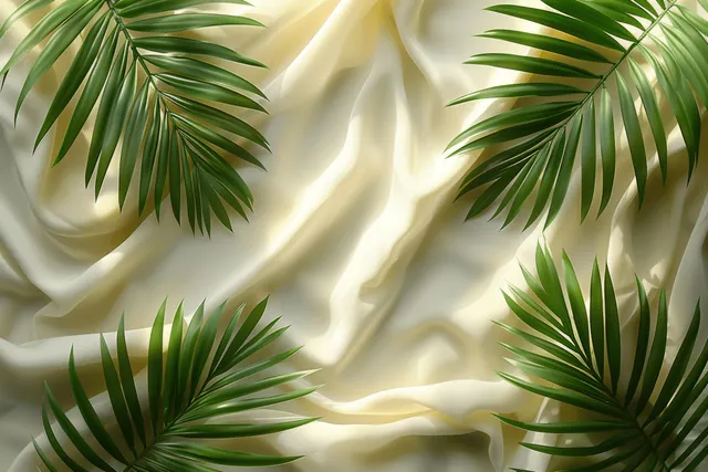 Light beige satin fabric with soft sunlit folds and palm leaf shadows across the draped surface.