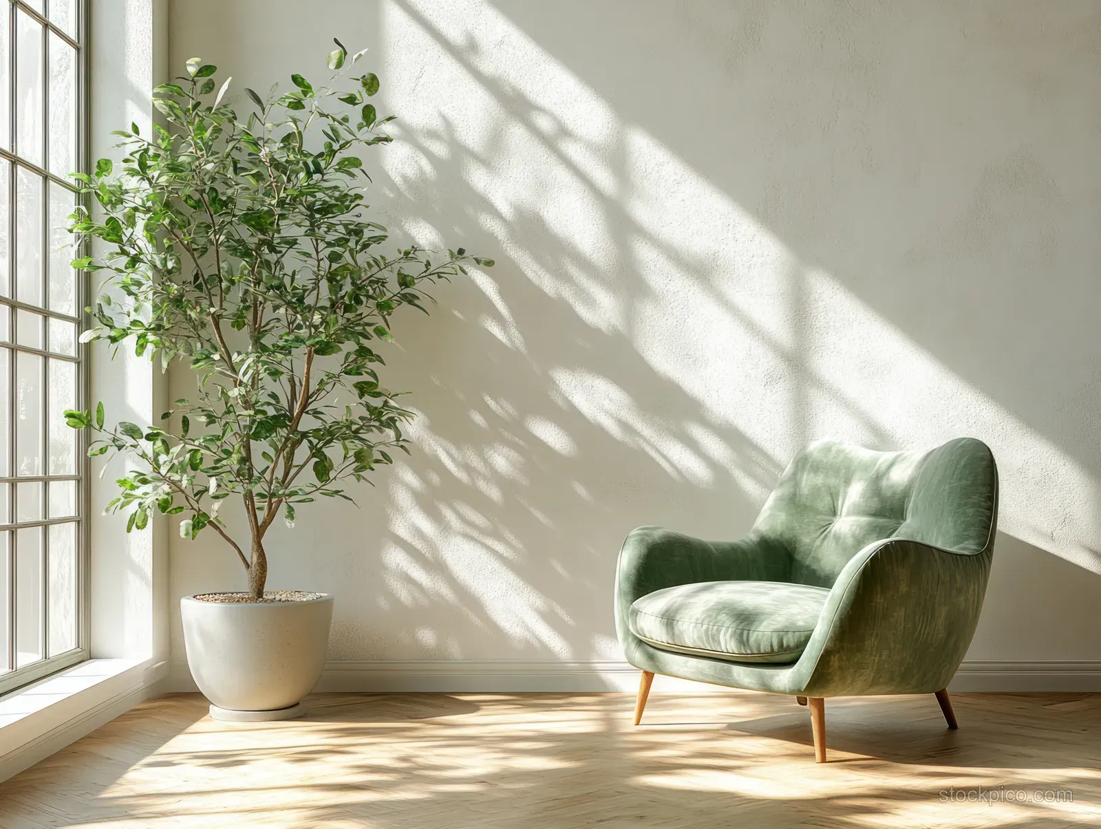 Soft green armchair and potted snake plant sit in a sunlit minimal living room with window shadow patterns.