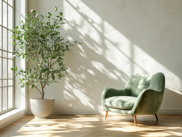 Soft green armchair and potted snake plant sit in a sunlit minimal living room with window shadow patterns.
