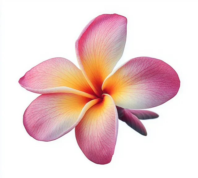 A single pink and yellow plumeria flower with visible petal veins isolated on a white background.