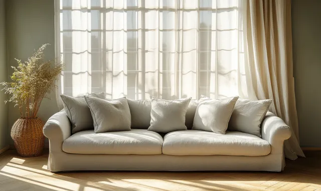 Grey sofa in a minimalist Scandinavian living room with soft daylight through sheer curtains and symmetrical cushions.