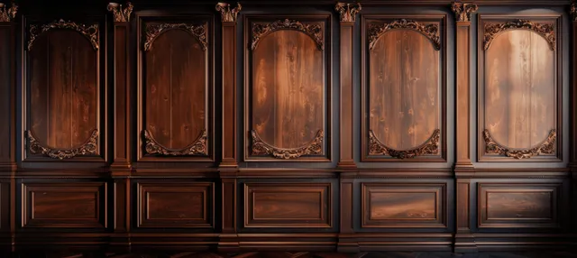 Victorian dark wood paneling wall with ornate carved frames and gilded trim indoors