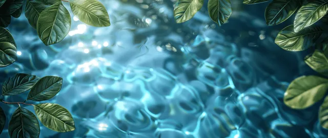 Top view of turquoise pool water ripples with palm leaf shadows along the edges.
