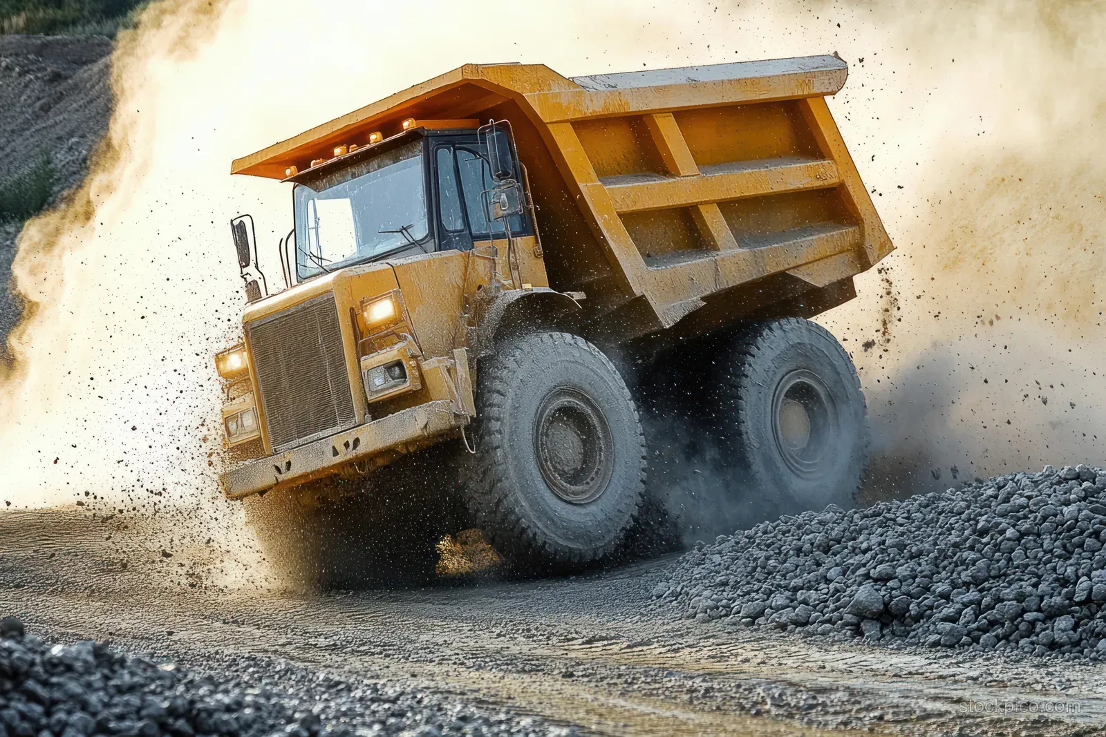 A yellow dump truck drives on a dusty quarry road, kicking up gravel and dust.