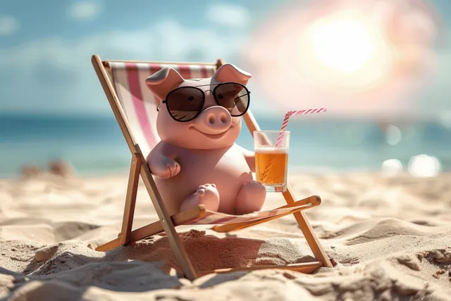 A cute pig wearing sunglasses relaxes on a beach chair on sand while holding a striped drink near the ocean.