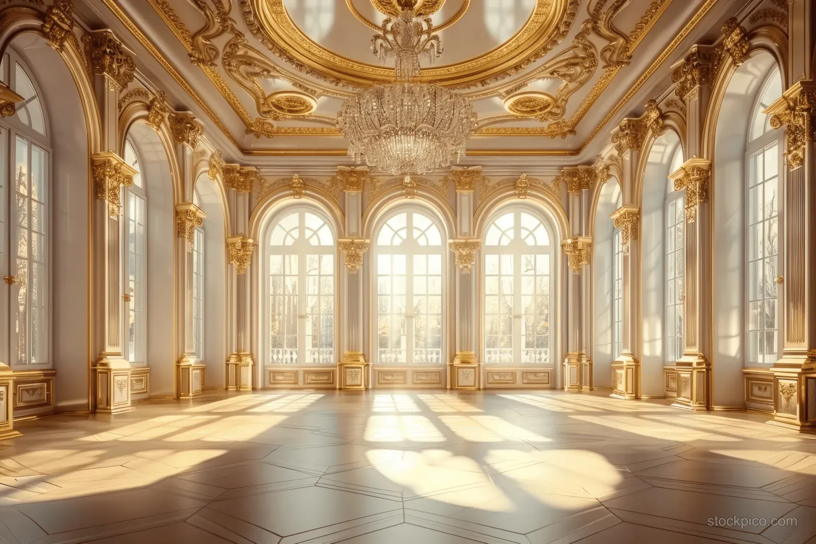 Sunlit royal ballroom shows golden chandelier light, arched windows, ornate columns, and a tiled marble floor.