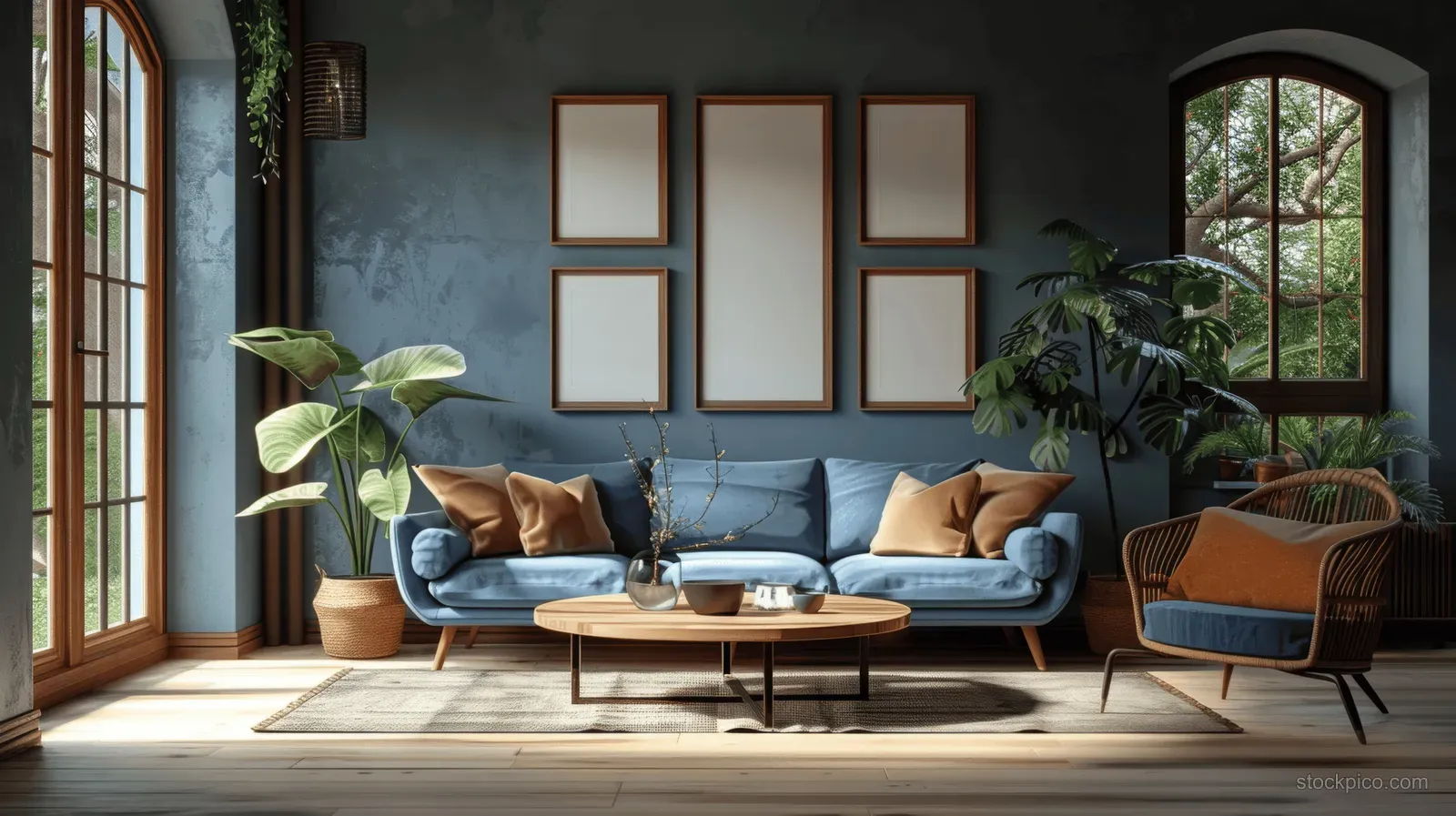 Blue sofa and wicker armchairs surround a round wooden coffee table in a sunlit Scandinavian living room by windows.