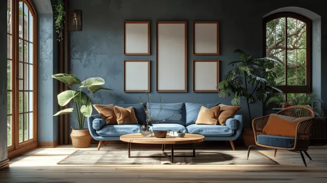 Blue sofa and wicker armchairs surround a round wooden coffee table in a sunlit Scandinavian living room by windows.