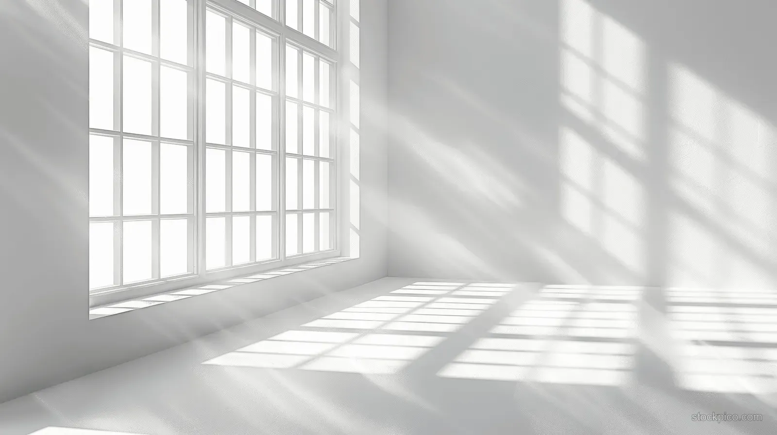 Bright window light forms soft sun rays and crisp grid shadows on a white interior wall background.