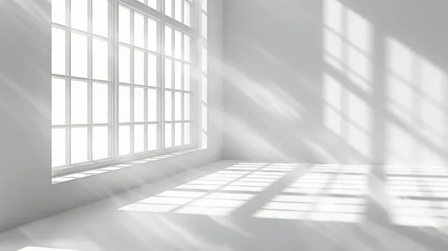 Bright window light forms soft sun rays and crisp grid shadows on a white interior wall background.