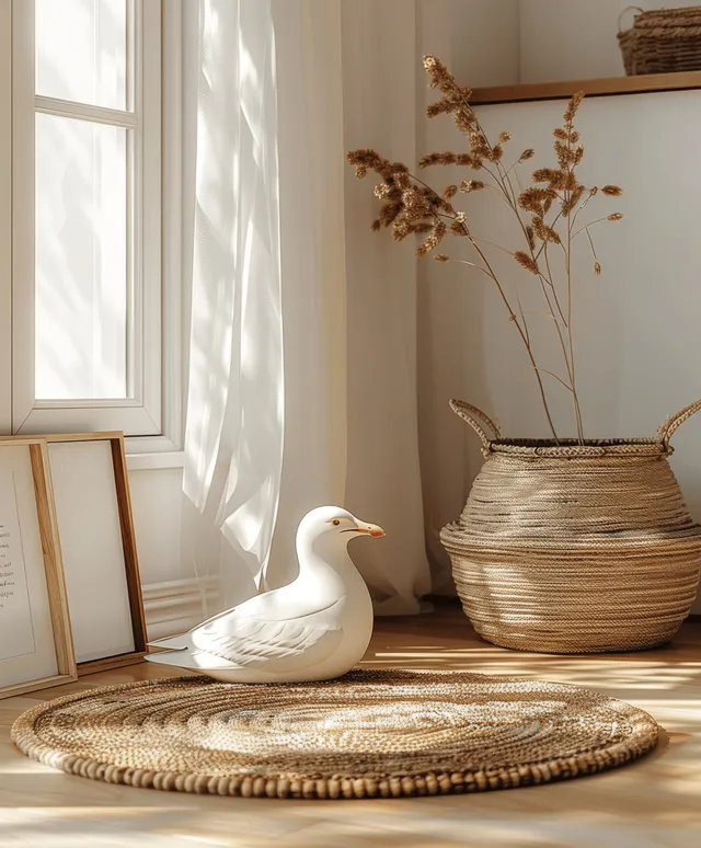 White wooden photo frame mockup on bohemian interior table beside seagull statue and woven rug