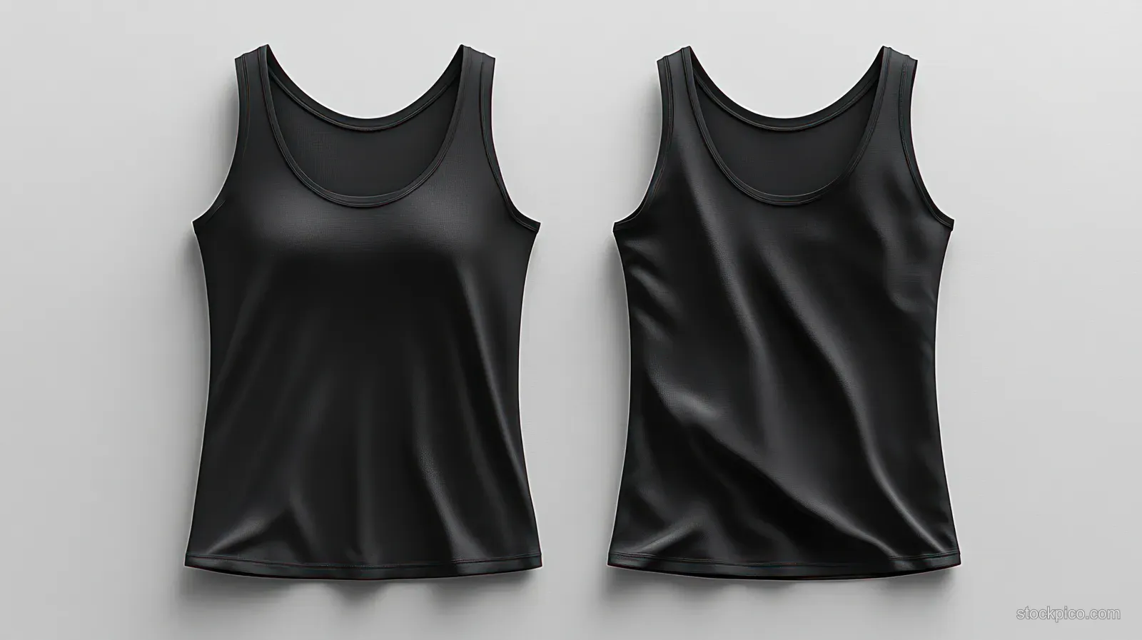 Front and back views of plain black sleeveless tank tops displayed on a light grey background with smooth fabric folds.