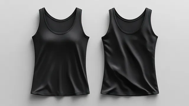 Front and back views of plain black sleeveless tank tops displayed on a light grey background with smooth fabric folds.